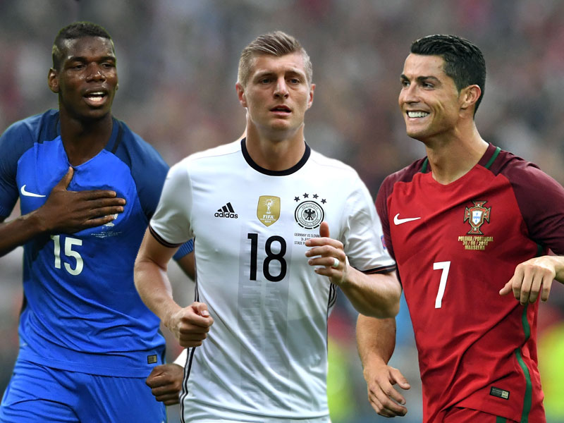 Paul Pogba, Toni Kroos und Cristiano Ronaldo (v.li.)