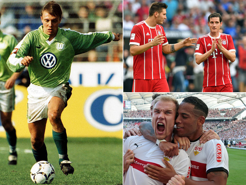 Andr&#233; Breitenreiter als Wolfsburger Spieler (li.), Niklas S&#252;le mit Sebastian Rudy (re. oben) sowie Holger Badstuber mit Dennis Aogo