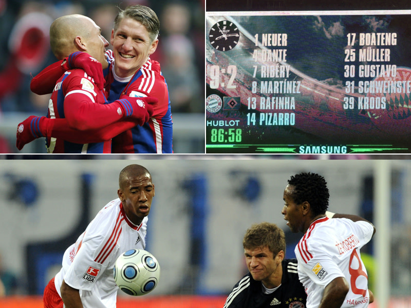 Arjen Robben mit Bastian Schweinsteiger (oben li.), die Anzeigetafel (oben re.) und Jerome Boateng und Z&#233; Roberto gegen Thomas M&#252;ller