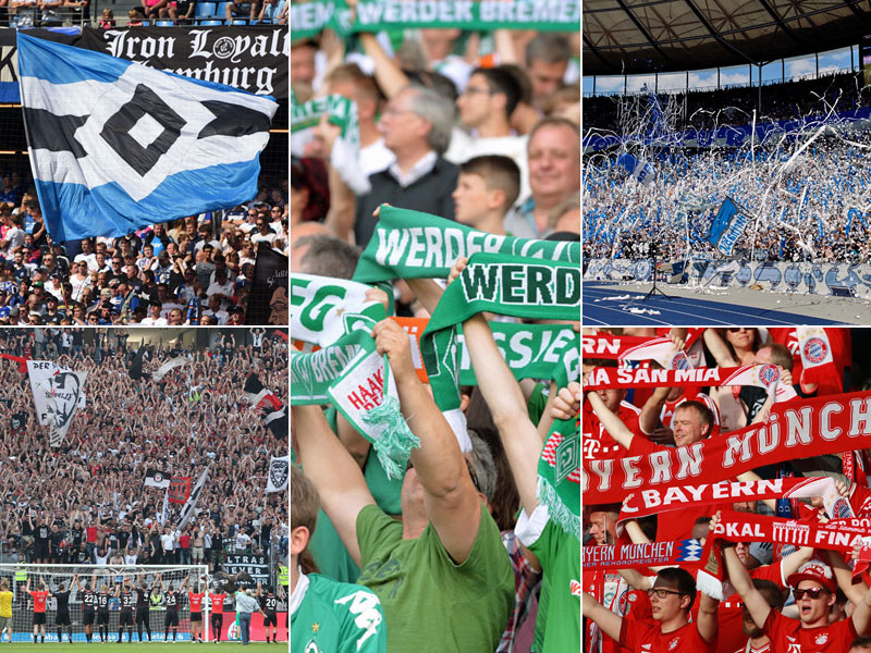 Fans von Hamburg (oben links), Frankfurt (unten links), Bremen (Mitte), Hertha BSC (oben rechts) und Bayern M&#252;nchen