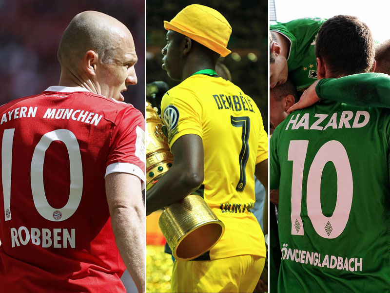 Arjen Robben, Ousmane Dembel&#233; und Thorgan Hazard (v.li.)