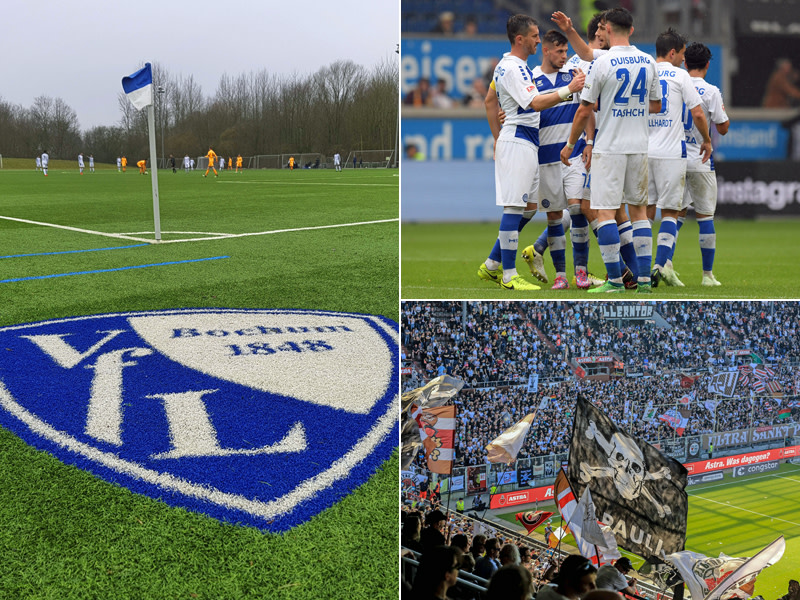 Das Logo des VfL Bochum im Rasen (li.), die Duisburger Mannschaft beim Torjubel (re. oben) und das Millerntor-Stadion in Hamburg