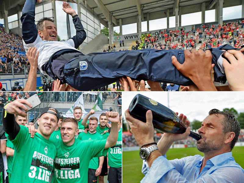 Magdeburg feiert Trainer Jens H&#228;rtel (oben), Marcel Hil&#223;ner und Levent Aycicek schie&#223;en ein Erinnerungsfoto (unten links) und W&#252;rzburgs Trainer Bernd Hollerbach genehmigt sich auf den Aufstieg einen Schluck Champagner.