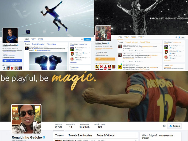 Screenshots der Twitter-Channels von Cristiano Ronaldo, LeBron James und Ronaldinho