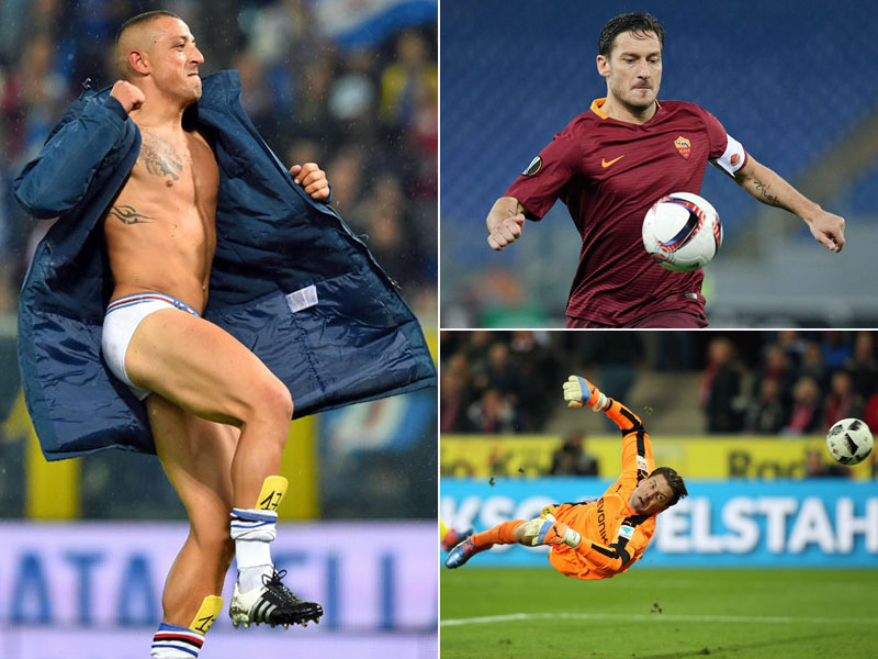 Sampdoria Genuas Angelo Palombo (li.), Roms Francesco Totti (oben re.) und Dortmunds Roman Weidenfeller
