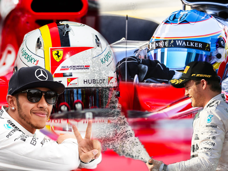 Stars der Formel-1-Szene und Topverdiener: Lewis Hamilton, Sebastian Vettel, Fernando Alonso und Nico Rosberg. 