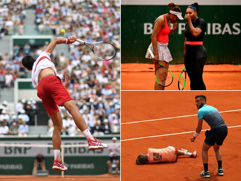 Novak Djokovic (li.), Venus und Serena Williams beim Gespr&#228;ch (re. oben) und Damir Dzumhur nach der Kollision mit einem Balljungen