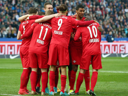 Die Leipziger bejubeln ihren Sieg und den feststehenden Einzig in die Champions League.