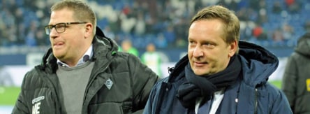 Gladbachs Sportdirektor Max Eberl (li.) und Schalkes Sportvorstand Horst Heldt.