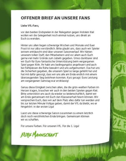 Offener Brief der VfL-Mannschaft an die eigenen Fans
