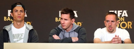 Vorfreude sieht irgendwie anders aus: Cristiano Ronaldo, Lionel Messi und Franck Ribery in Zürich.