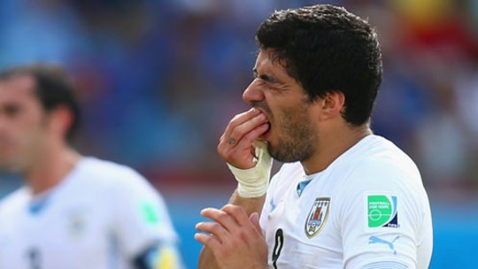 Tut auch beim dritten Mal noch weh: Suarez hält sich nach seiner Beißattacke gegen Chiellini die Zähne.