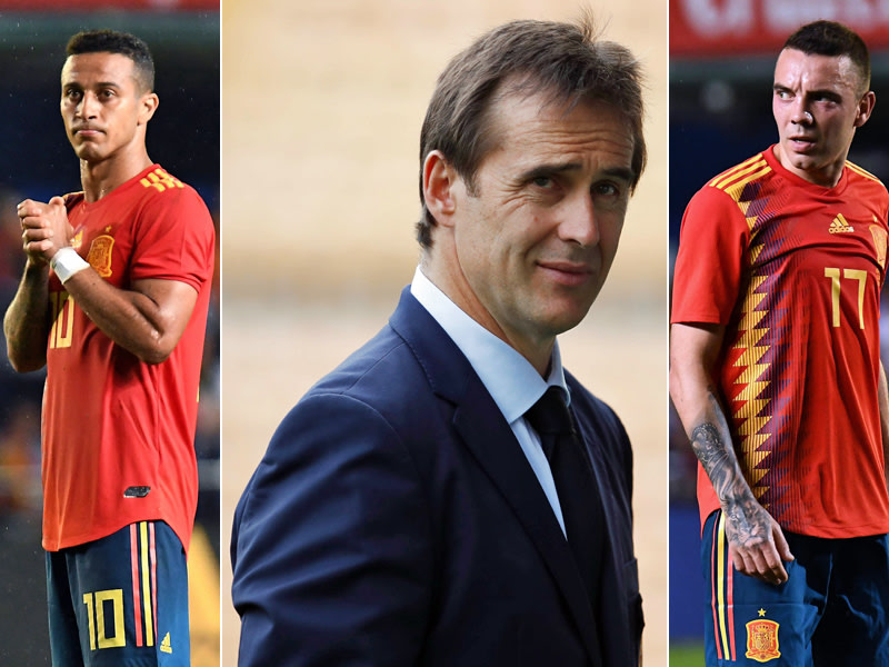 Vor dem WM-Start gegen Portugal im Fokus: Bayerns Thiago, Nationaltrainer Julen Lopetegui und Angreifer Iago Aspas (v.l.).