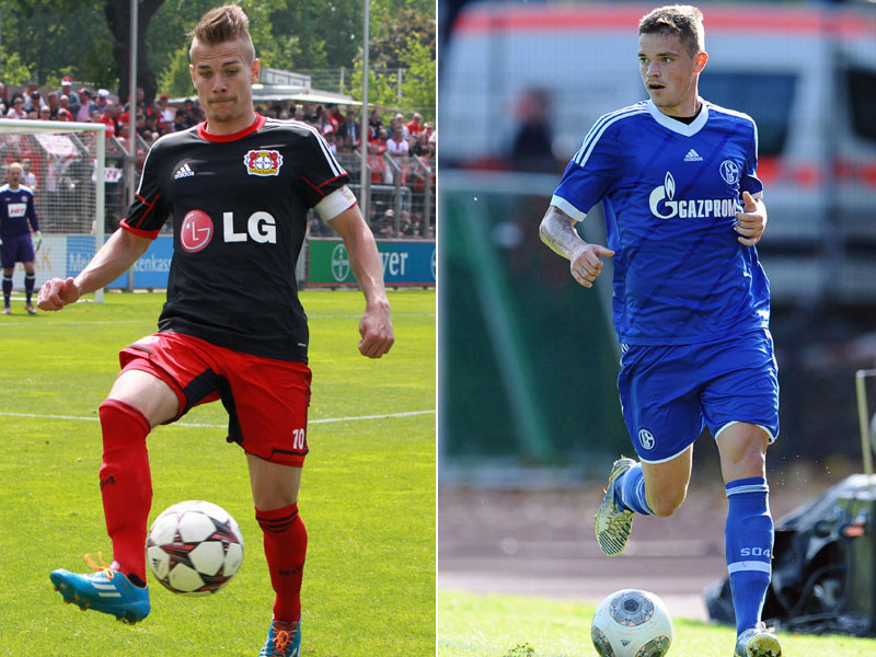 Wechseln von zwei U-23-Teams nach Dresden: Leverkusens Luca D&#252;rholtz (li.) und Schalkes Dennis Erdmann.