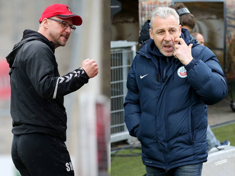 Der eine will den zweiten Dreier in Folge, der andere fordert Wiedergutmachung: SGS-Coach Sascha Hildmann (li.) und Rostocks Trainer Pavel Dotchev (re.).