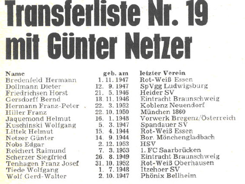 Zu G&#252;nter Netzers Zeiten noch in gedruckter Form: Die Transferliste aus dem kicker-sportmagazin Nr. 53/1973.