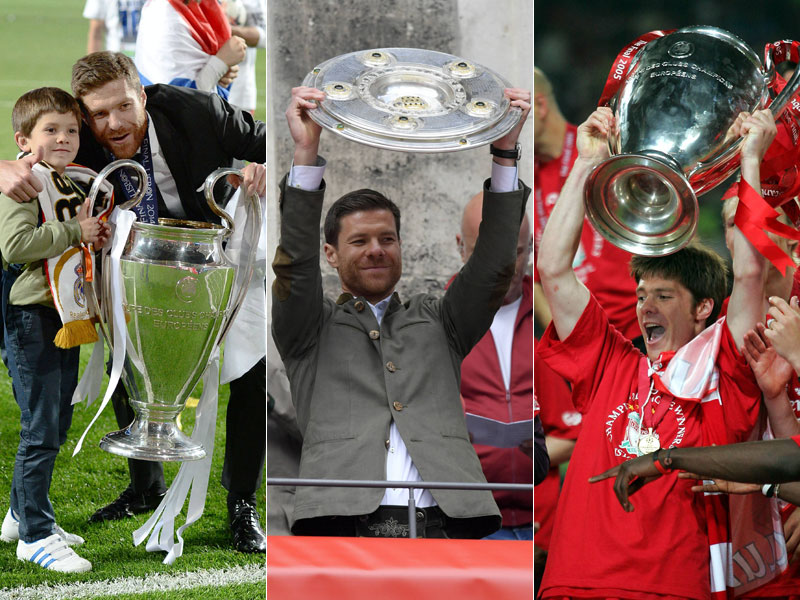Titelhamster par excellence: Xabi Alonso bei Real Madrid (li.), dem FC Bayern und dem FC Liverpool (re.).