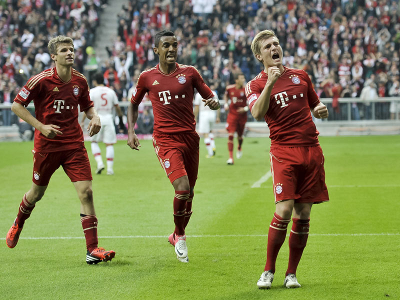 Drei Bayern-Torsch&#252;tzen auf einen Blick: Thomas M&#252;ller, Luiz Gustavo und Toni Kroos (v. li.).