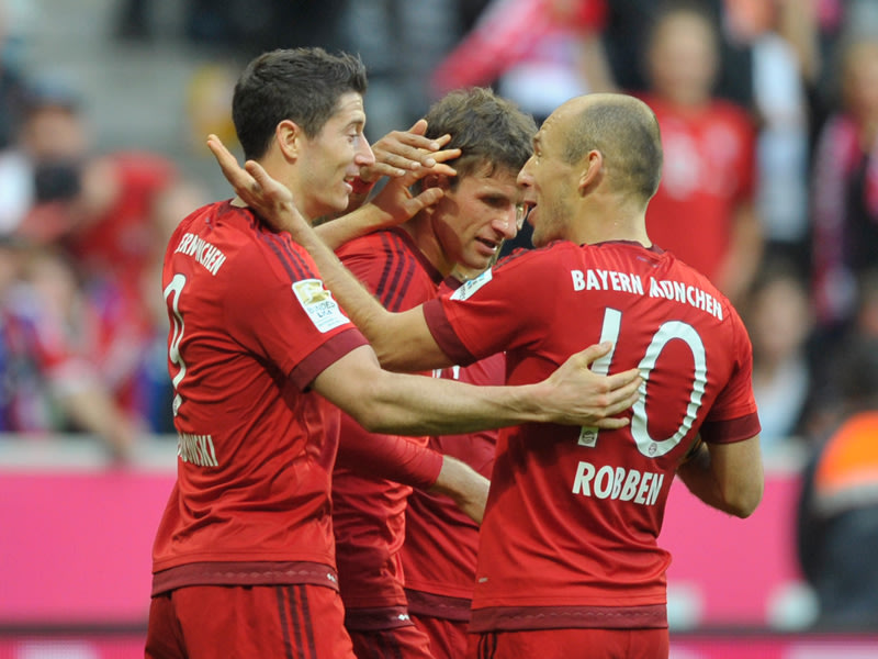 Torsch&#252;tzen unter sich: Bayerns Robert Lewandowski, Thomas M&#252;ller und Arjen Robben (v.l.n.r.).
