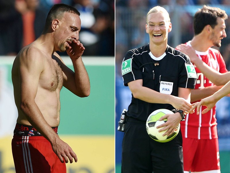Bayerns Schelm Franck Ribery (l.) spielte Schiedsrichterin Bibiana Steinhaus (r.) einen Streich.
