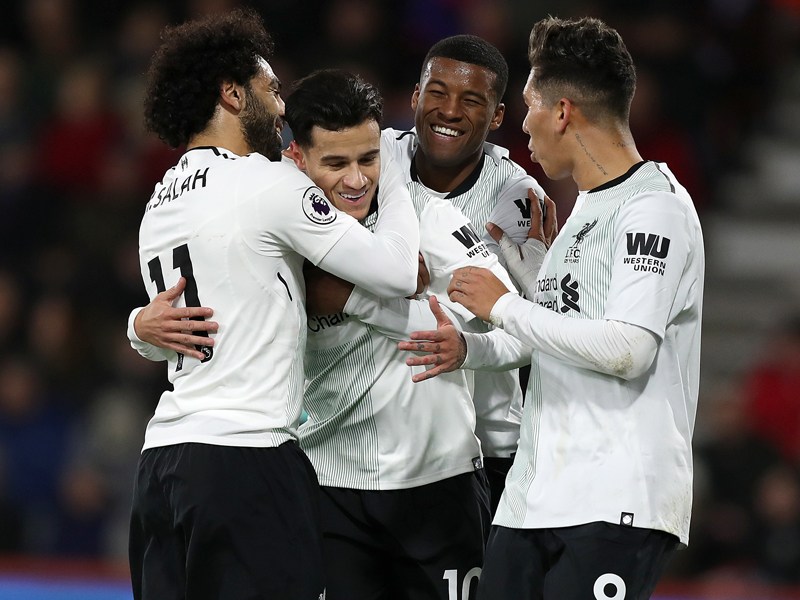 Liverpooler Offensivpower: Salah, Coutinho, Wijnaldum und Firmino jubeln in Bournemouth.