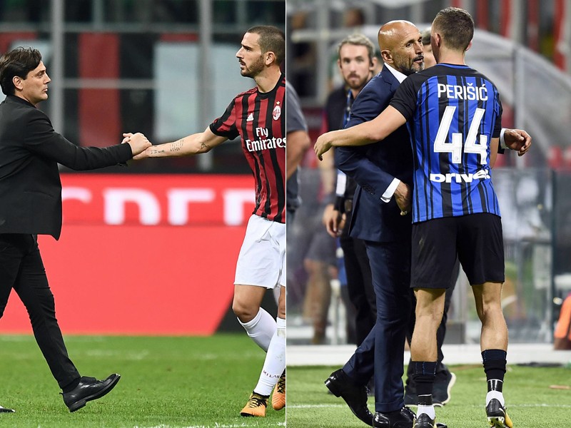 Die Modestadt im Zeichen des Derbys: Milan mit Coach Montella und Bonucci (l.), Inter mit Trainer Spalletti und Perisic.