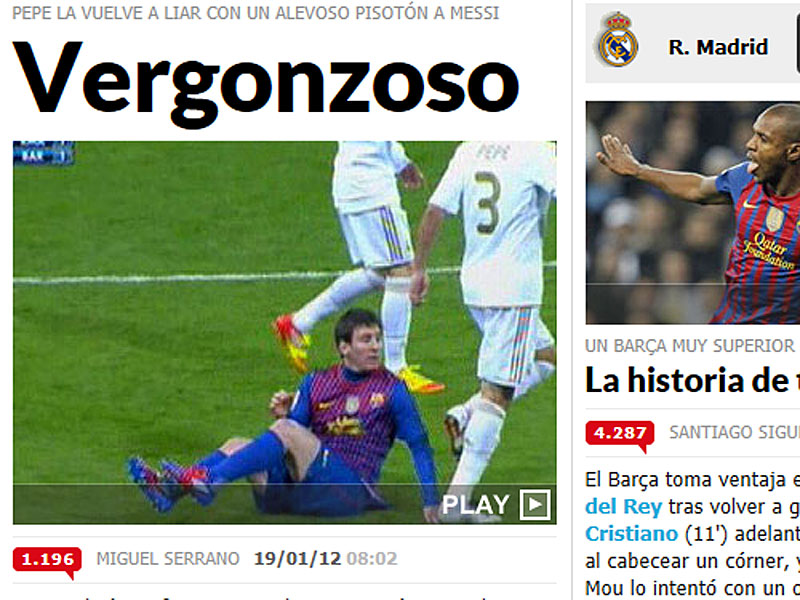 &quot;Besch&#228;mend&quot;: Ganz Spanien diskutiert &#252;ber Pepes Tritt gegen Lionel Messi. Hier der Internetauftritt der &quot;Marca&quot;.