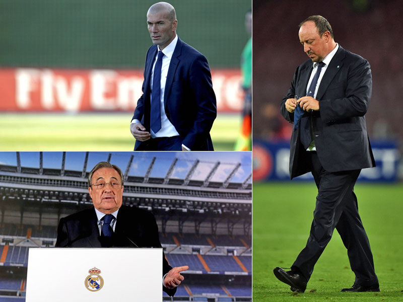Dreht am Trainer-Karussell: Real-Pr&#228;sident Florentino Perez (unten) l&#228;sst Rafa Benitez (r.) ziehen - und holt Zinedine Zidane.