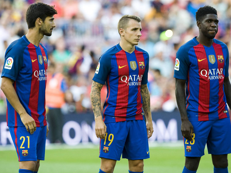 Wer bei&#223;t sich durch? Andr&#233; Gomes, Lucas Digne und Samuel Umtiti (v.l.) sind die neuen Gesichter beim FC Barcelona.