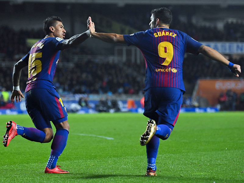 Sieggaranten im Baskenland: Barcelonas Paulinho und Luis Suarez.