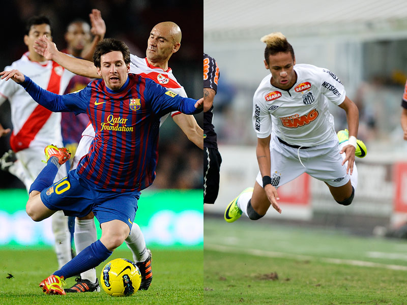 Duell der &#220;berflieger: Lionel Messi (FC Barcelona) und Neymar (FC Santos).