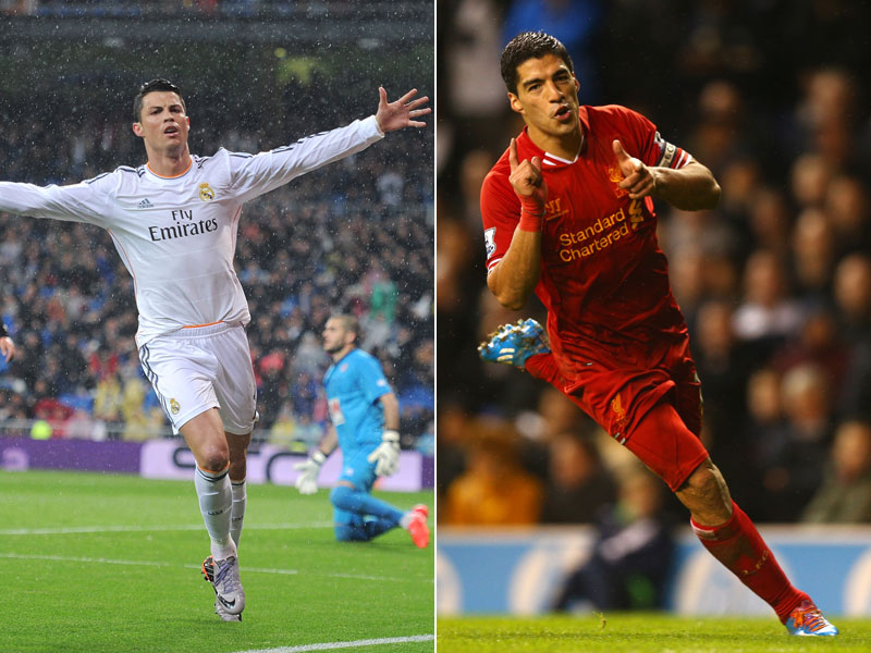 Teilen sich Platz 1 im Golden-Shoe-Ranking 2014: Cristiano Ronaldo (l.) und Luis Suarez.