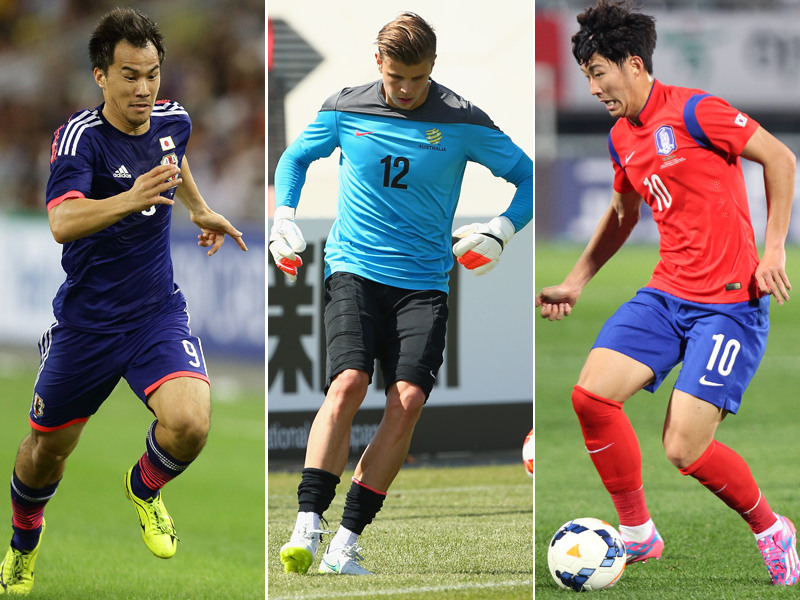 Drei der zw&#246;lf Bundesligaprofis, die beim Asien-Cup antreten: Japans Okazaki, Australiens Langerak und S&#252;dkoreas Son.