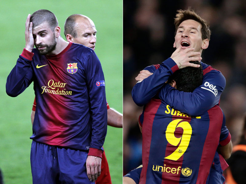 Neue Mimik: Gerard Piqu&#233; 2013 beim 0:4 gegen die Bayern - und Lionel Messi beim Torjubel mit Luis Suarez 2015.