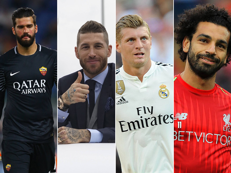 Kandidaten auf ihrer jeweiligen Position: Alisson Becker, Sergio Ramos, Toni Kroos, Mohamed Salah (v.l.n.r.)