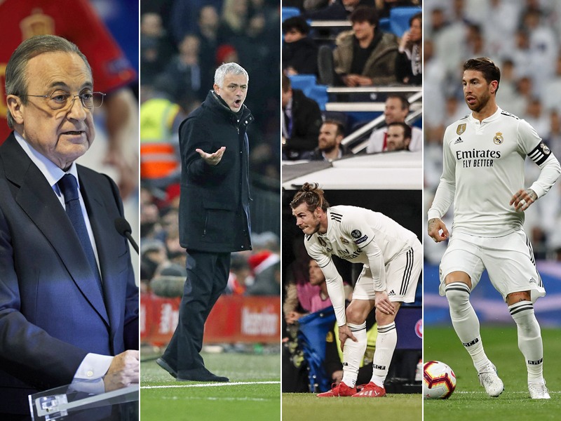 Protagonisten turbulenter Tage bei Real: Pr&#228;sident Florentino Perez, Ex-Coach Jos&#233; Mourinho, Gareth Bale und Sergio Ramos.