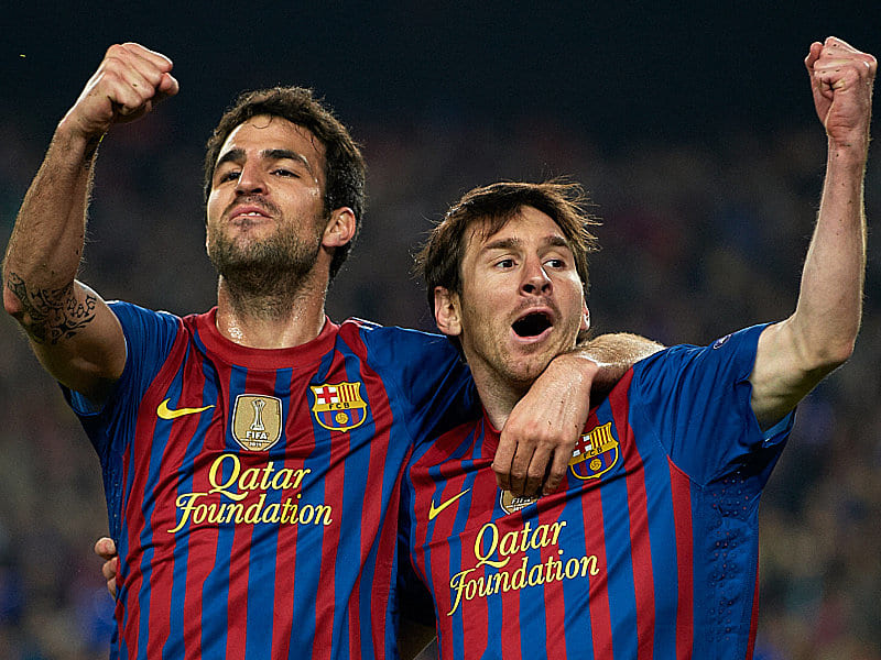 Fabregas und Messi feiern ausgiebig: Der FC Barcelona hat gegen den AC Mailand &#252;berzeugend das Halbfinale der Champions League erreicht.