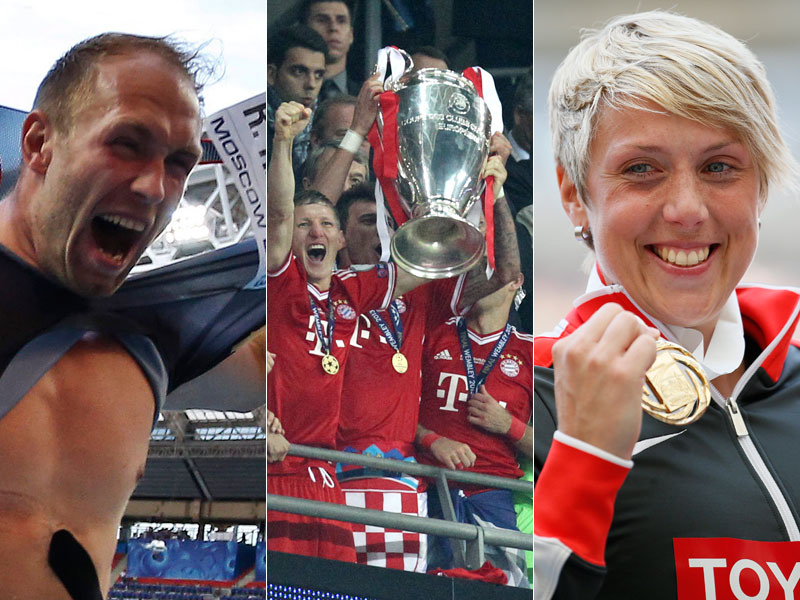 Zwei Weltmeister und ein Triple-Sieger: Robert Harting, der FC Bayern und Christina Obergf&#246;ll.