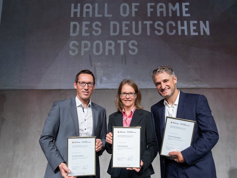 Neu in der &quot;Hall of Fame&quot;: Andreas Dittmer, Katja Seizinger und Gerd Sch&#246;nfelder (v.li.).