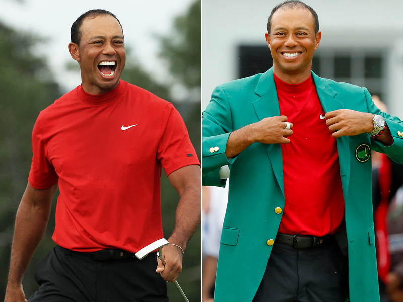 Triumph beim Masters in Augusta: Tiger Woods nach dem letzten Schlag und im gr&#252;nen Jackett des Siegers.
