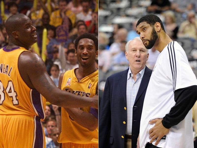 Zwei, die bestens harmonierten (re., Gregg Popovich und Tim Duncan) und zwei, die es irgendwann nicht mehr konnten (Shaq und Kobe): die Spurs und Lakers der 2000er-Jahre.