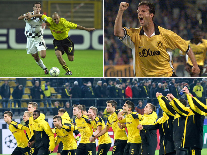 Boavistas Petit im Duell mit Dortmunds Dede (oben li.), Fredi Bobic (oben re.) und die Dortmunder Mannschaft beim Feiern
