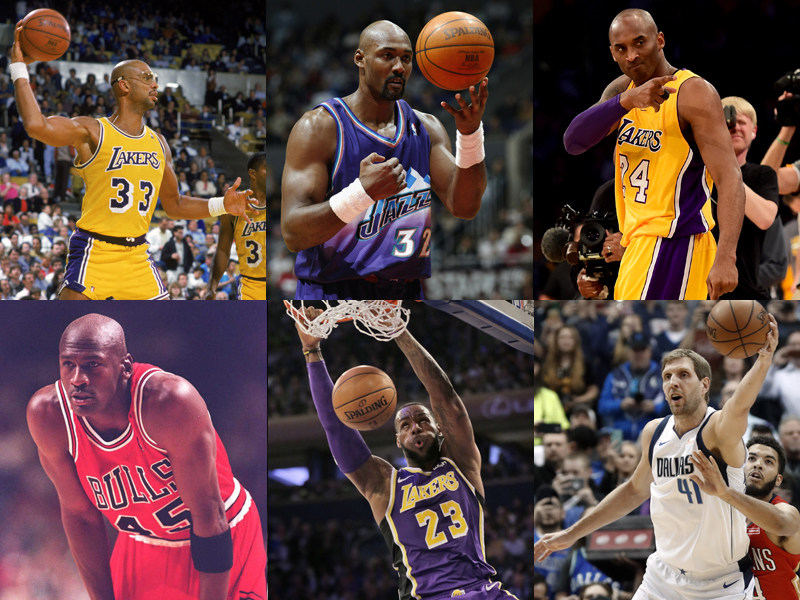 Kareem Abdul-Jabbar, Karl Malone, Kobe Bryant, Michael Jordan, LeBron James und Dirk Nowitzki (v.l.o. im Uhrzeigersinn)