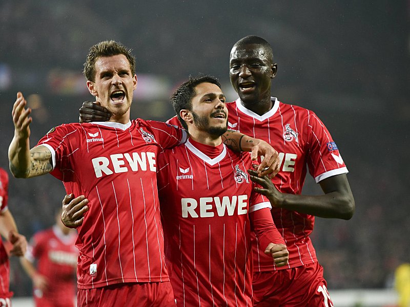 Glückliche Kölner nach dem 5:2 gegen BATE Baryssau: Simon Zoller, Leonardo Bittencourt und Sehrou Guirassy (v.l.n.r.).