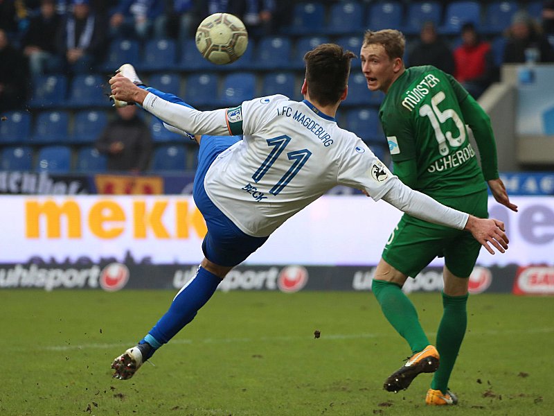 Mit Seitfallzieher in die Maschen: Christian Beck erzielte das 3:1 für den 1. FC Magdeburg.