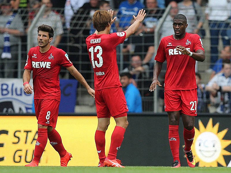 Der 1. FC Köln zeigt sich siegreich in Bielefeld - mit Milos Jojic, Yuya Osako und Anthony Modeste (v.l.n.r.).