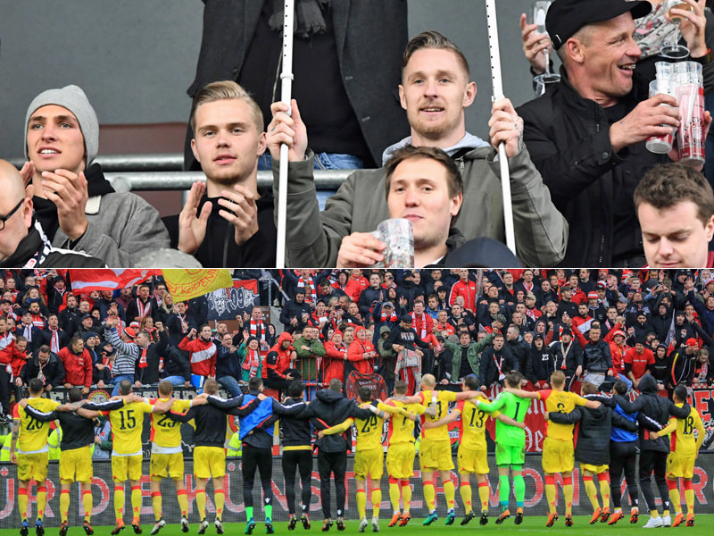 Union im Glück: Oben feiert unter anderem Sebastian Polter (3.v.r.) mit Krücken, unten die Mannschaft nach dem 1:0 mit den Fans.