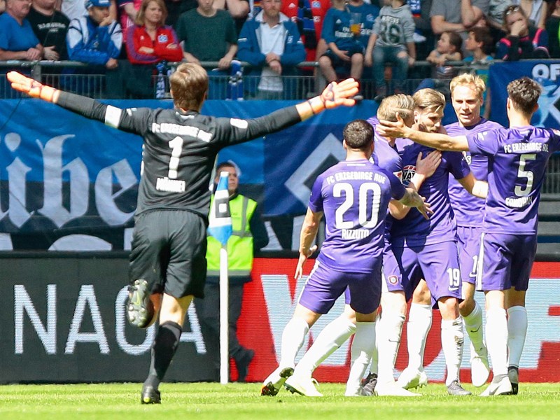 Auf zum Torschützen: Aues Philipp Zulechner (#19) brachte den Außenseiter vor der Pause in Führung.
