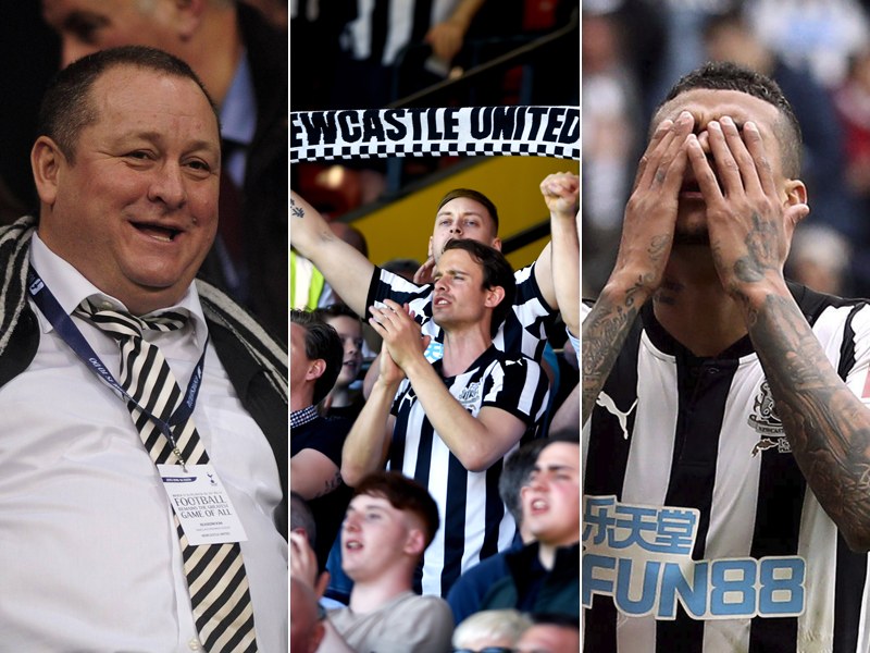 Mike Ashley, Newcastle-Fans und Newcastle-Profi Kenedy (v.l.)
