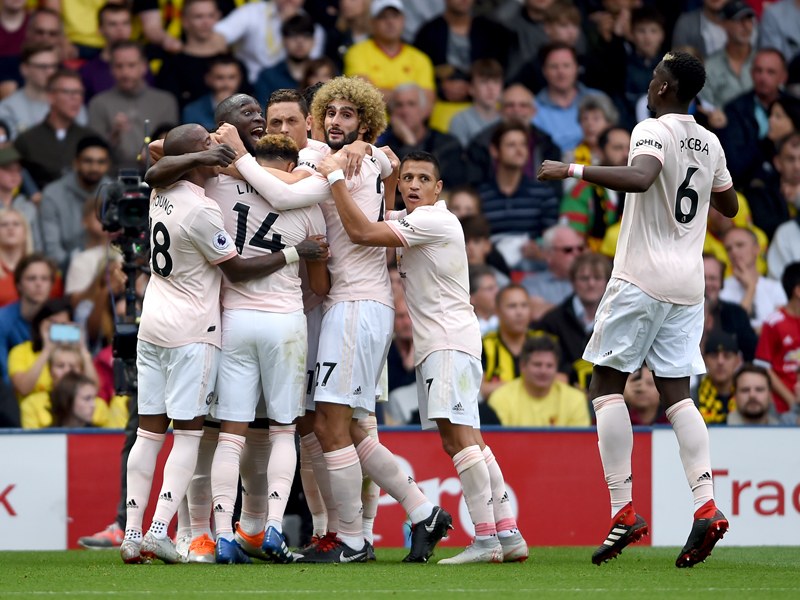 Jubeltraube: Manchester United nach Romelu Lukakus Tor zum 1:0 in Watford.